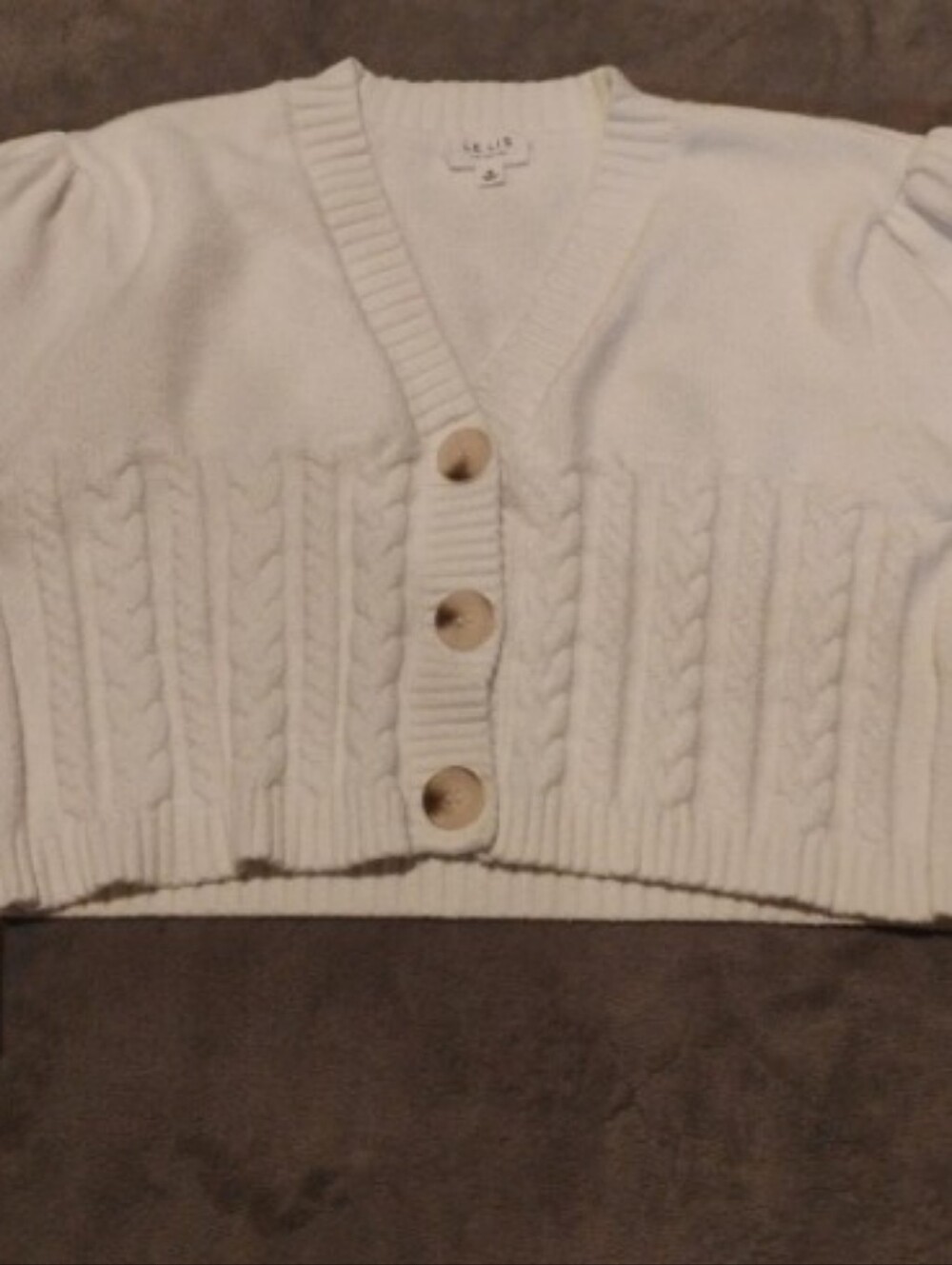 LE LIS White Cropped Cable Knit Cardigan Puff Sleeve Sweater - M